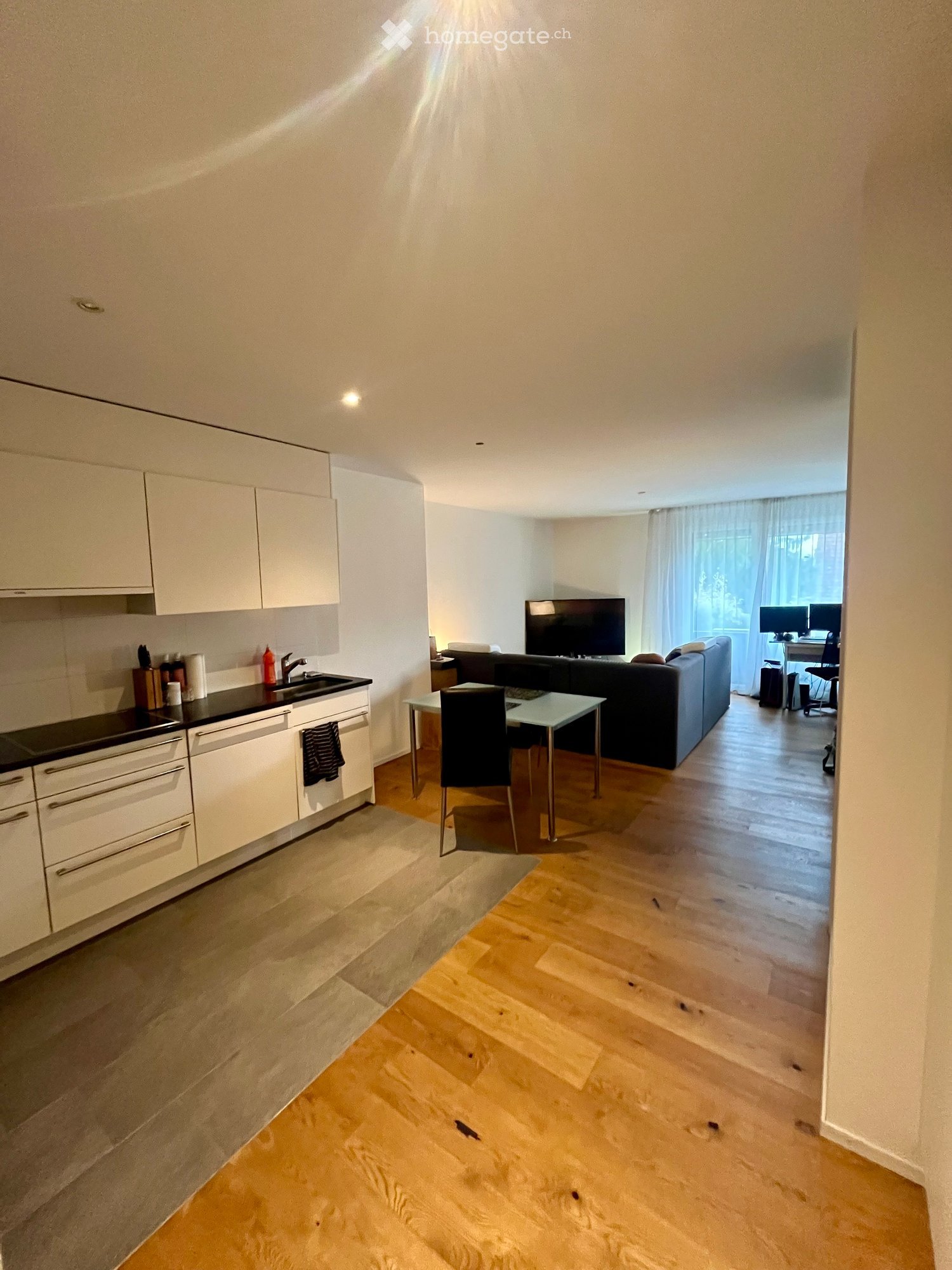 Modern open-plan living and dining area with a kitchen, sofa, dining table, chairs, TV, and a desk with a laptop.