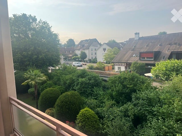 Balcony overlooking a residential area with houses, trees, and a parked car visible in the distance.