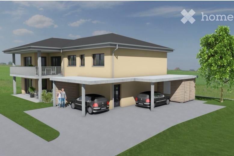 Two-story house with a modern design, featuring a garage, balcony, and parking area for two cars.