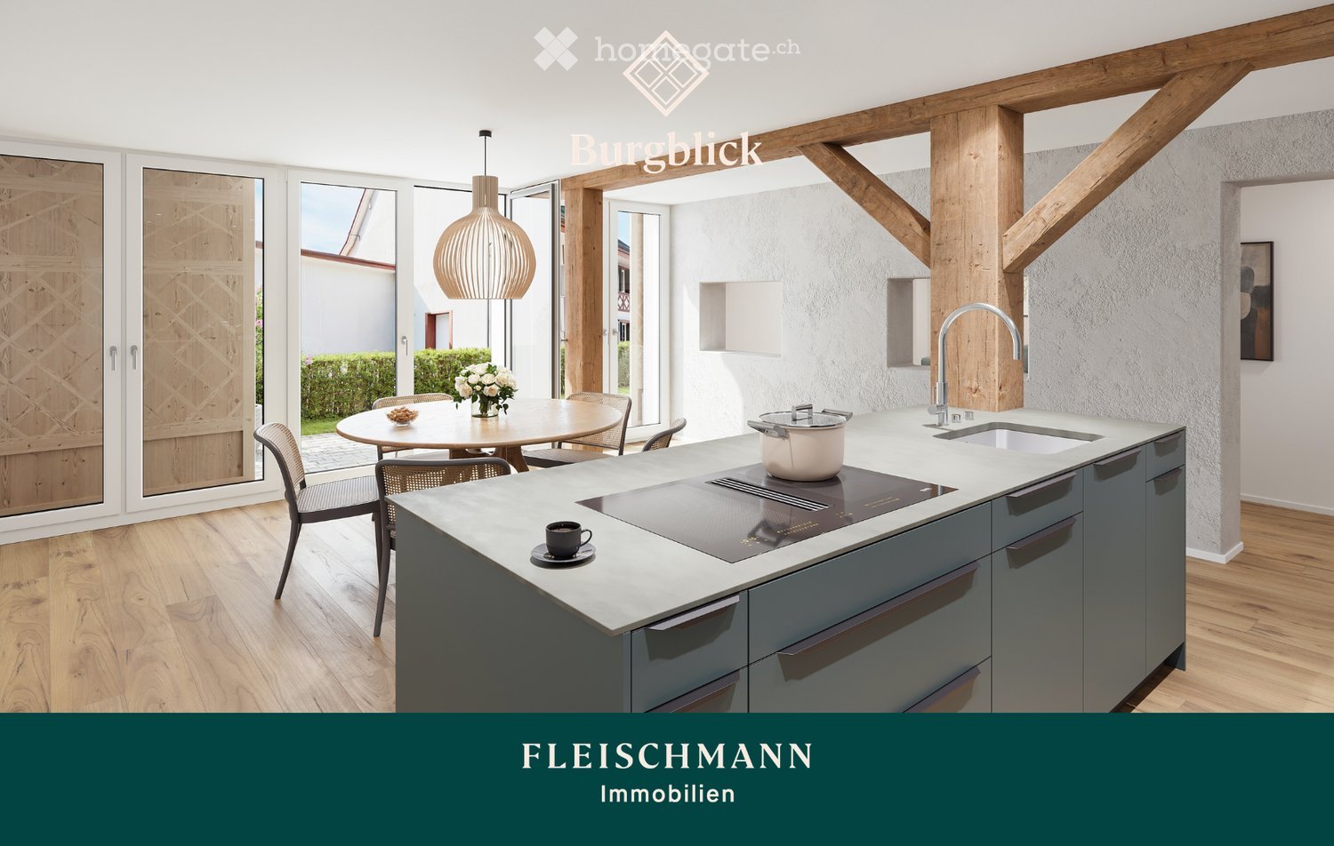 Modern kitchen with a central island, induction cooktop, sink, and pendant light. Dining area with a round table and chairs, flower vase, and outdoor view through large windows.