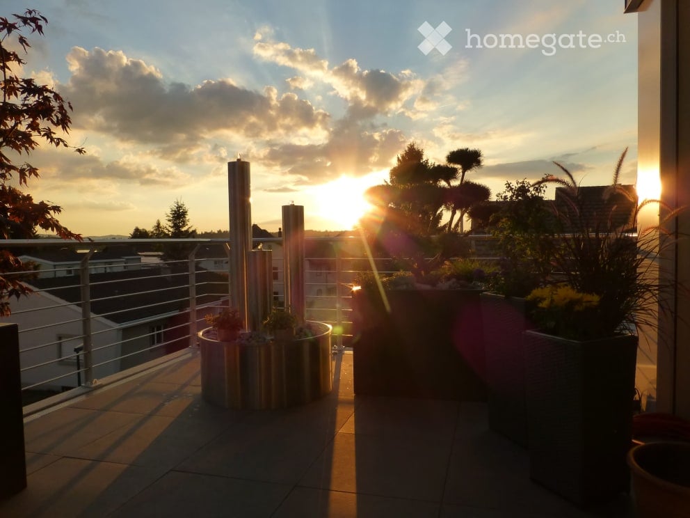 Balcony with metal railing, potted plants, and a view of the sunset over the city.