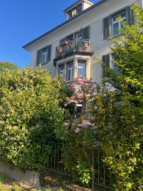 3 story house, white exterior, green shutters, balcony, garden, metal fence