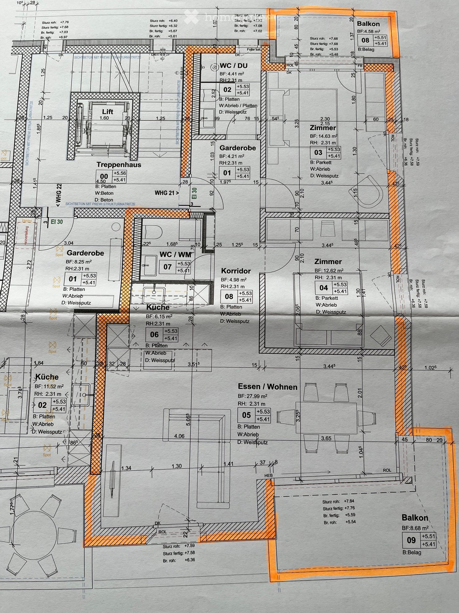 Floor plan of an apartment with multiple rooms including kitchen, living/dining area, bedrooms, bathrooms, hallway, and balcony.