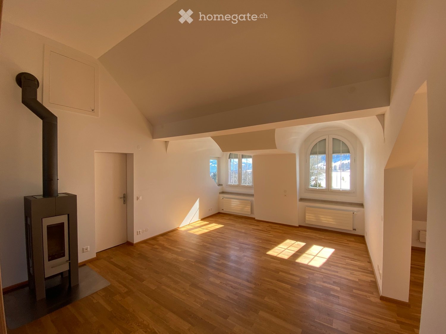 Empty room with wooden flooring, white walls, and a fireplace. Natural light streams in through multiple windows, casting shadows on the floor.