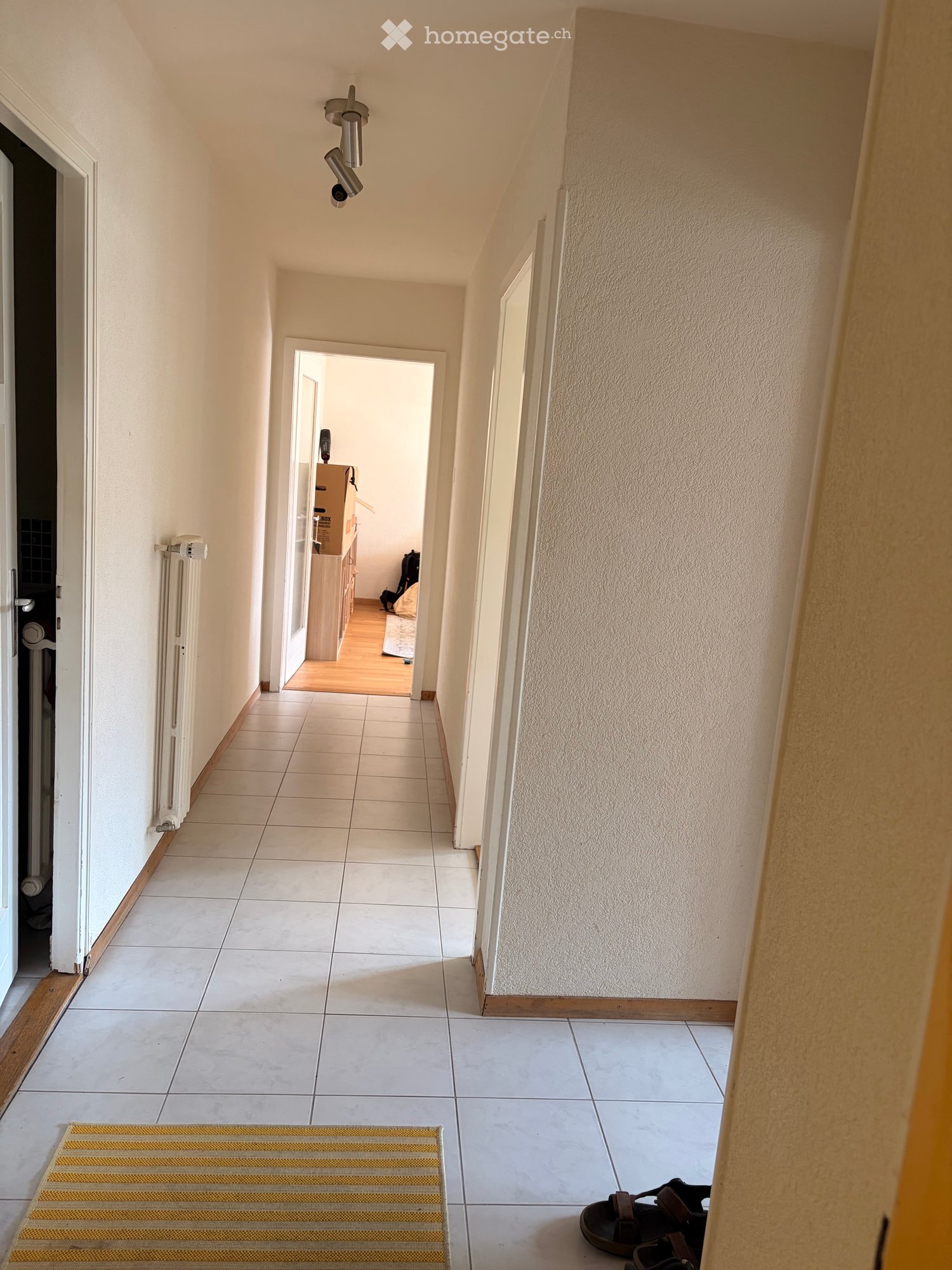 A narrow hallway with tiled flooring, white walls, and a visible door at the end leading to another room. A small rug and a pair of shoes are placed near the entrance.