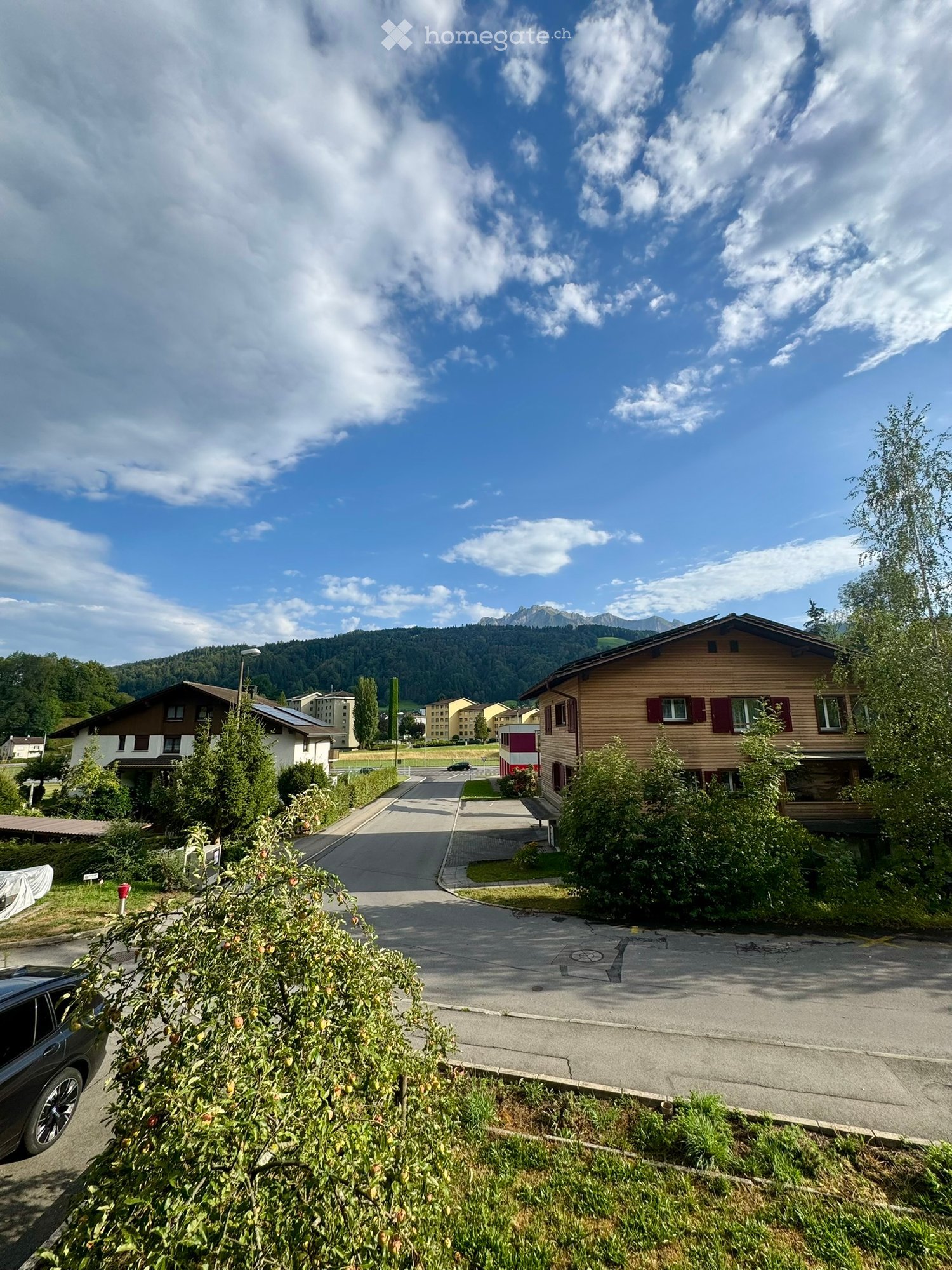 Residential street with two-story houses, surrounded by greenery and mountains in the background.