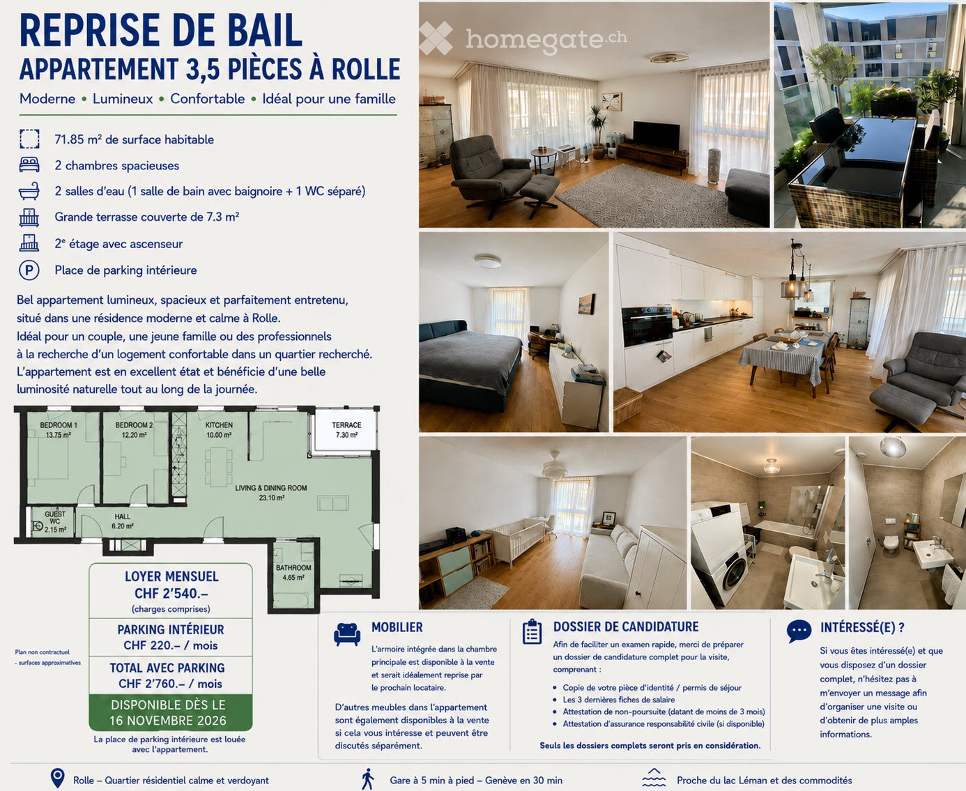 Floor plan of a 3.5-room apartment with 71.85 m² of living space, 2 spacious bedrooms, 2 bathrooms, large covered terrace, 2nd floor with elevator, and indoor parking space.