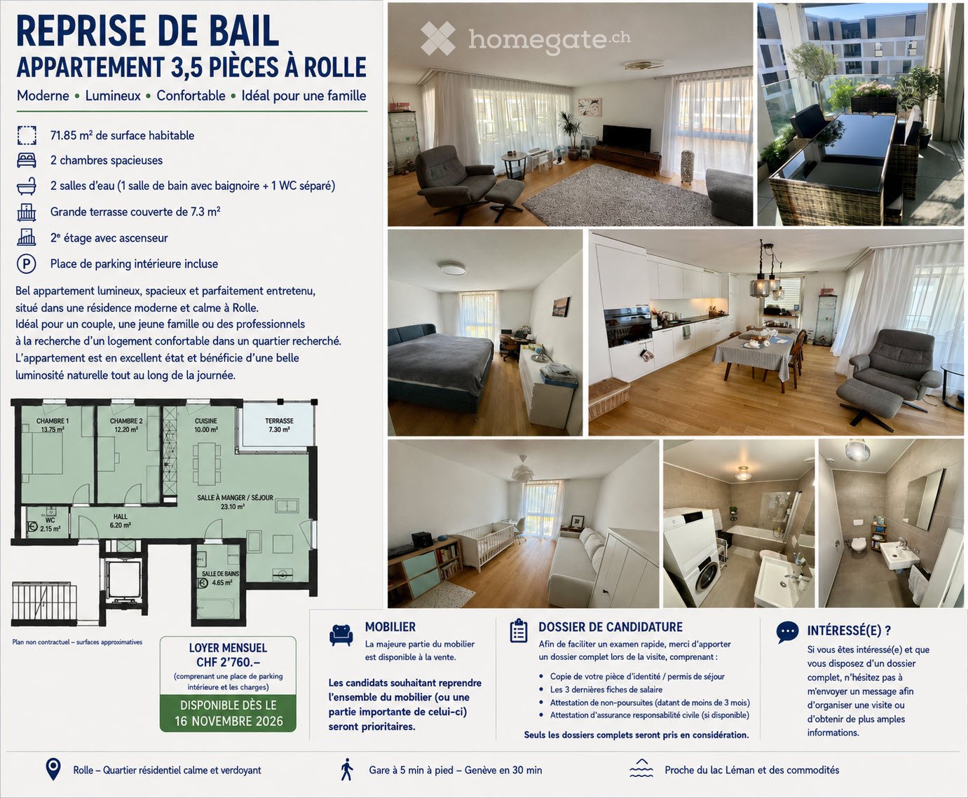 Floor plan of a 3.5-room apartment with 71.85 m² living space, 2 spacious bedrooms, 2 bathrooms, covered terrace, elevator access, and indoor parking.