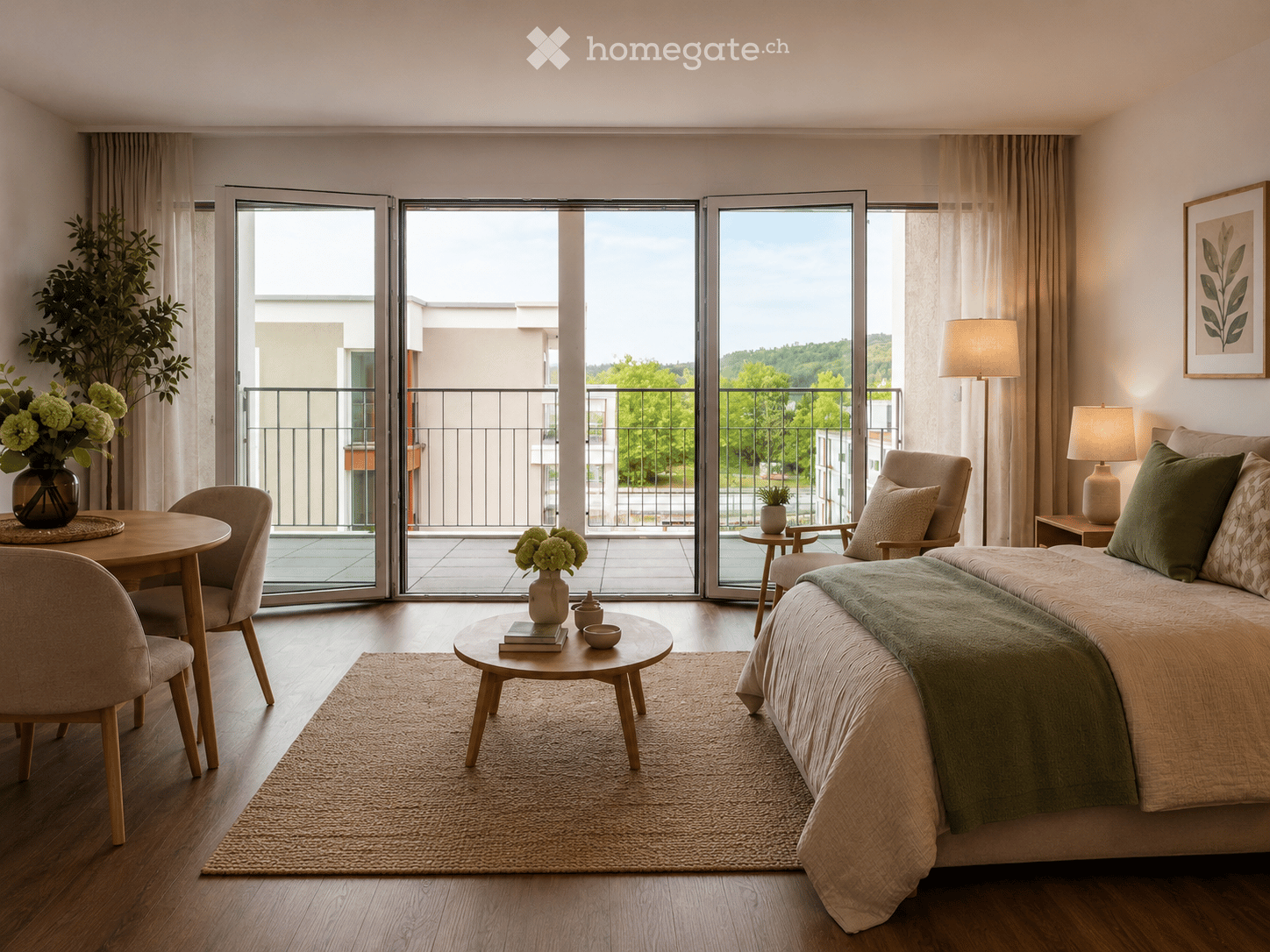 Modern bedroom with large sliding glass doors leading to a balcony, a bed with pillows and a blanket, a round wooden table with chairs, a side table with a lamp, and decorative vases.