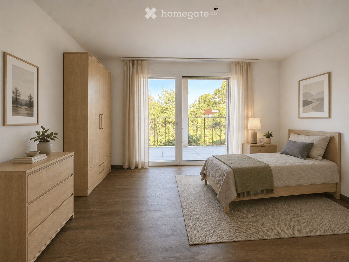 Bright, airy bedroom with wooden flooring, large windows opening to a balcony, a neatly made bed with pillows and a blanket, a nightstand with a lamp, a wardrobe, a dresser with books and a potted plant, and framed artwork on the walls.