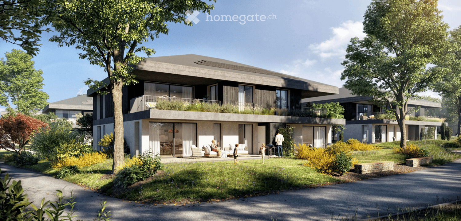 Modern two-story house with large windows, balconies, and a well-maintained garden area.