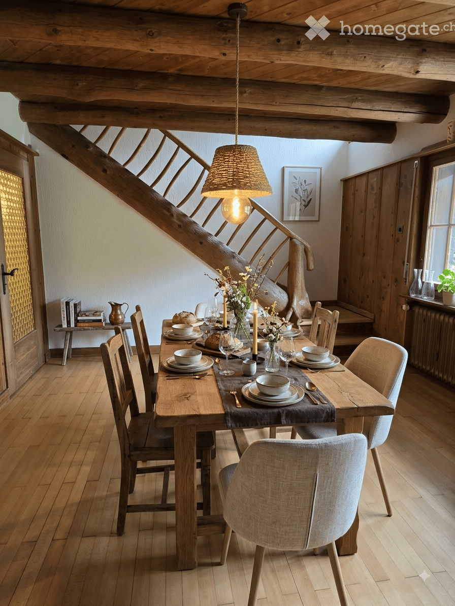 Cozy dining area with wooden dining table, chairs, and a pendant light. The room features exposed wooden beams and a staircase leading upwards.