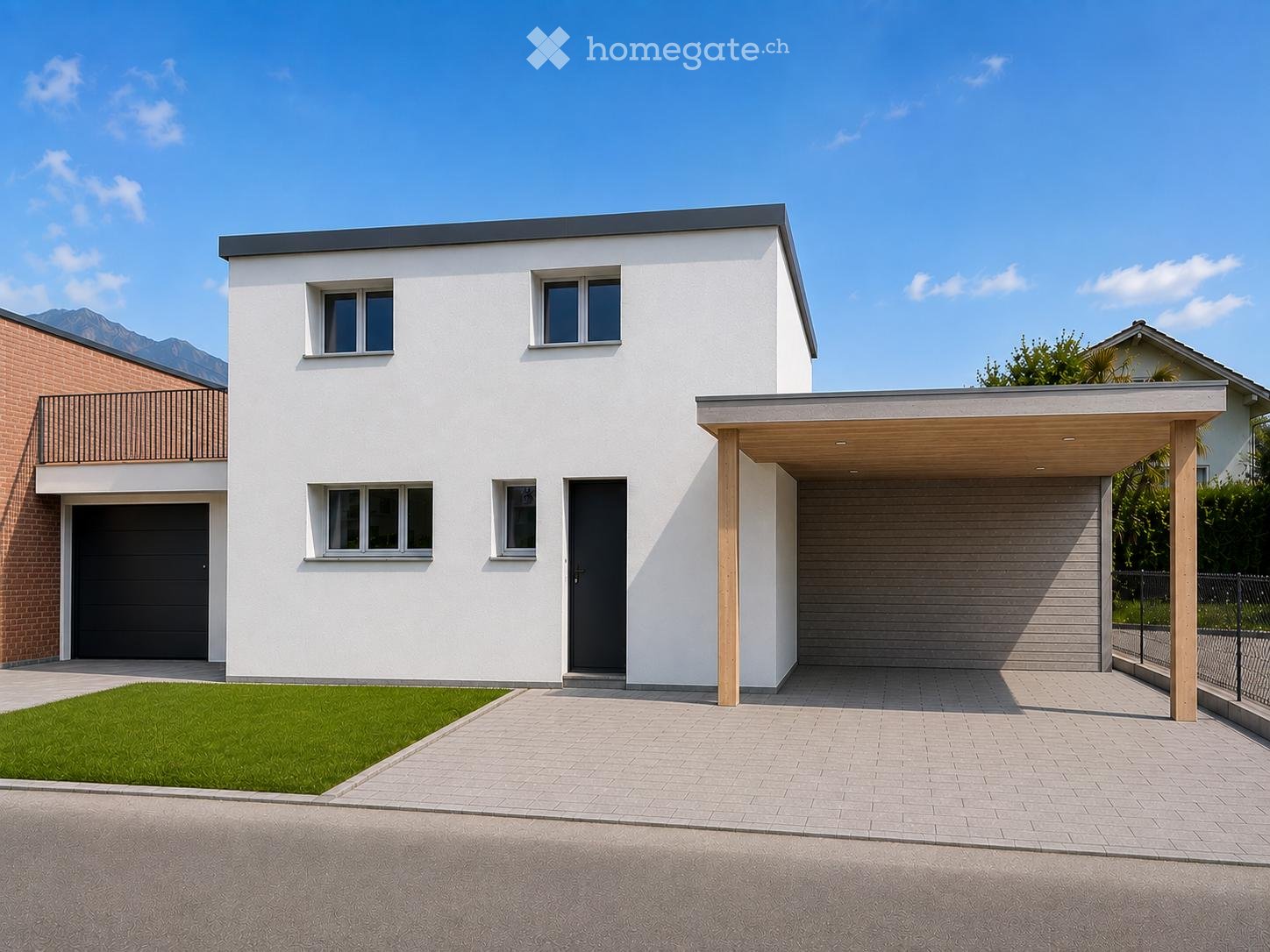Modern two-story house with white exterior, grey roof, multiple windows, garage, and small balcony on the left side.