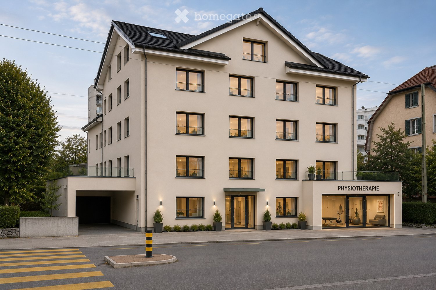 Modern multi-story building with light-colored facade, large windows, and a garage entrance. The ground floor features a physiotherapy clinic with visible interior furnishings, including a couch and exercise equipment.