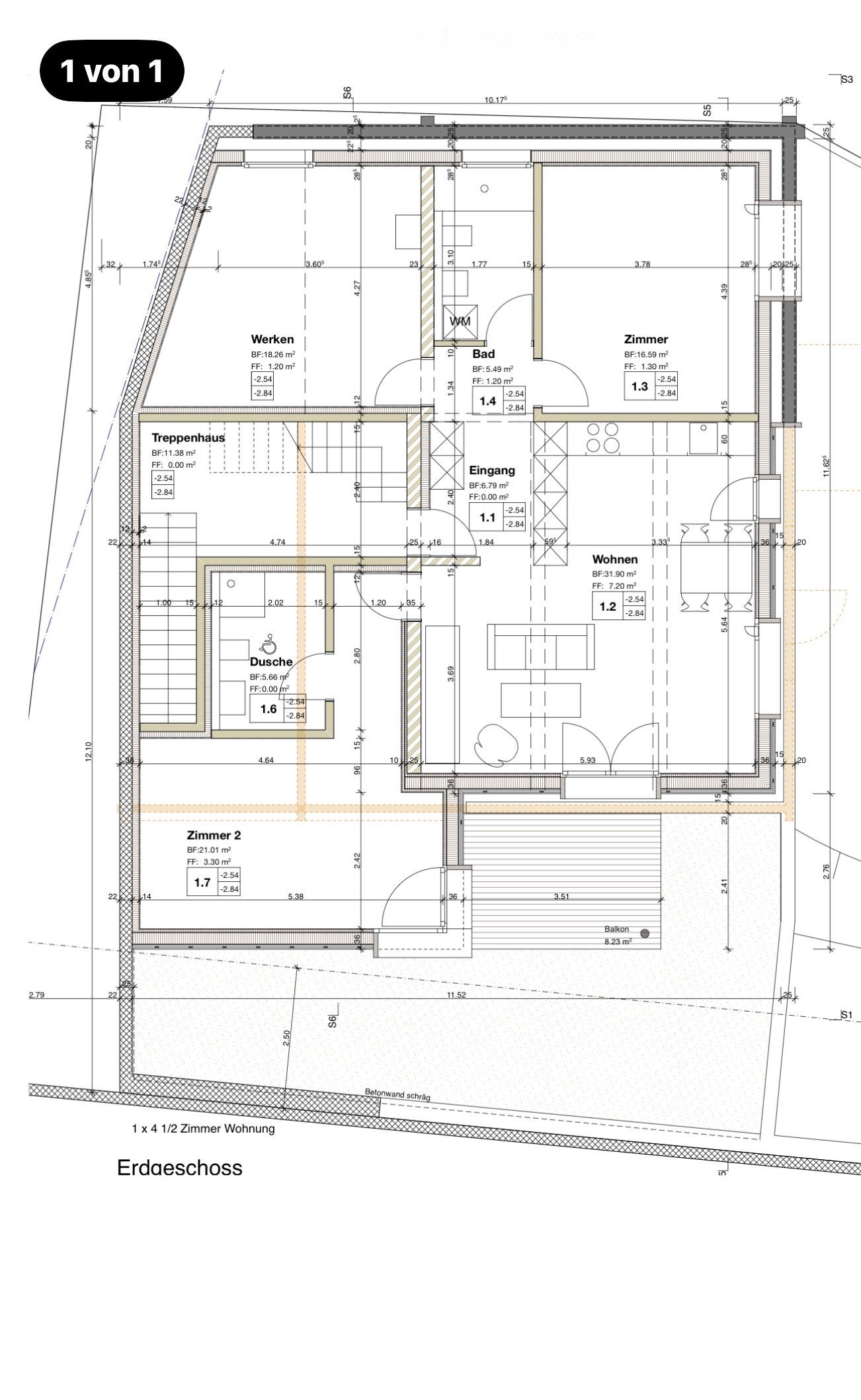Floor plan of a 1x4 1/2 room apartment on the ground floor, including living room, bedroom, bathroom, entrance, hallway, and balcony.
