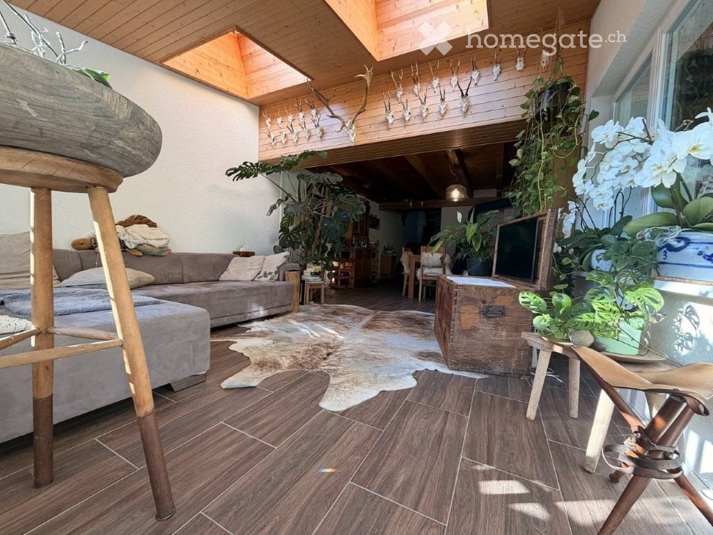 A modern living room with a grey sectional sofa, ottoman, wooden floor, large windows, and various plants. A television is placed on a wooden stand, and there are decorative items and a rustic wooden chest in the space.