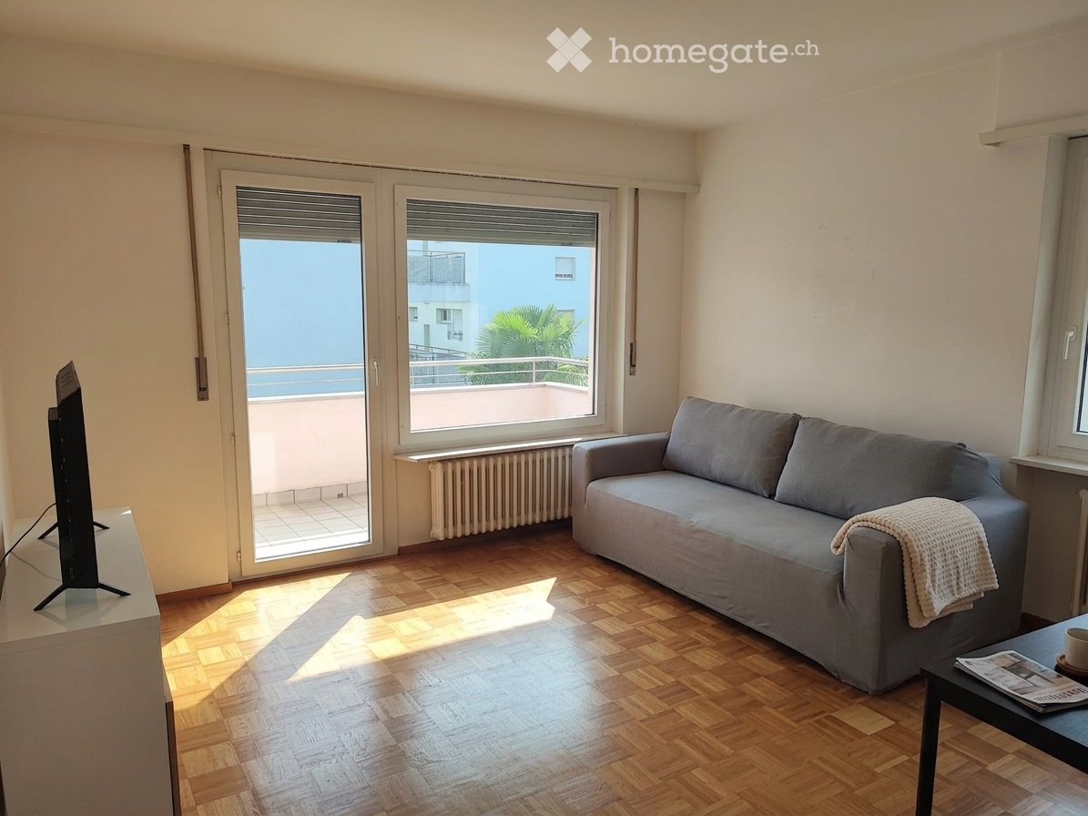 Bright living room with wooden flooring, large windows, and a balcony view. Features a grey sofa, coffee table, and television.
