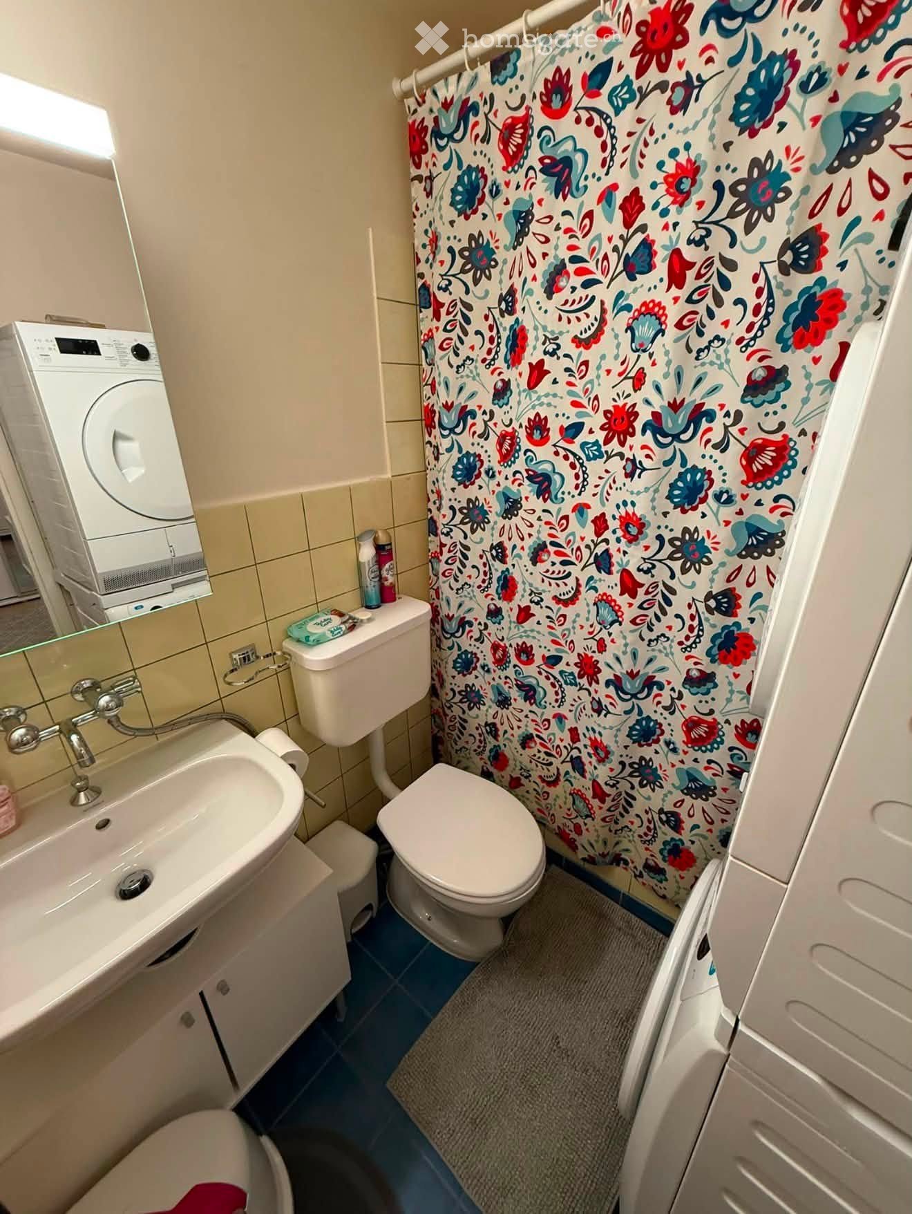 Bathroom with a sink, toilet, shower curtain, washing machine, and a small cabinet.
