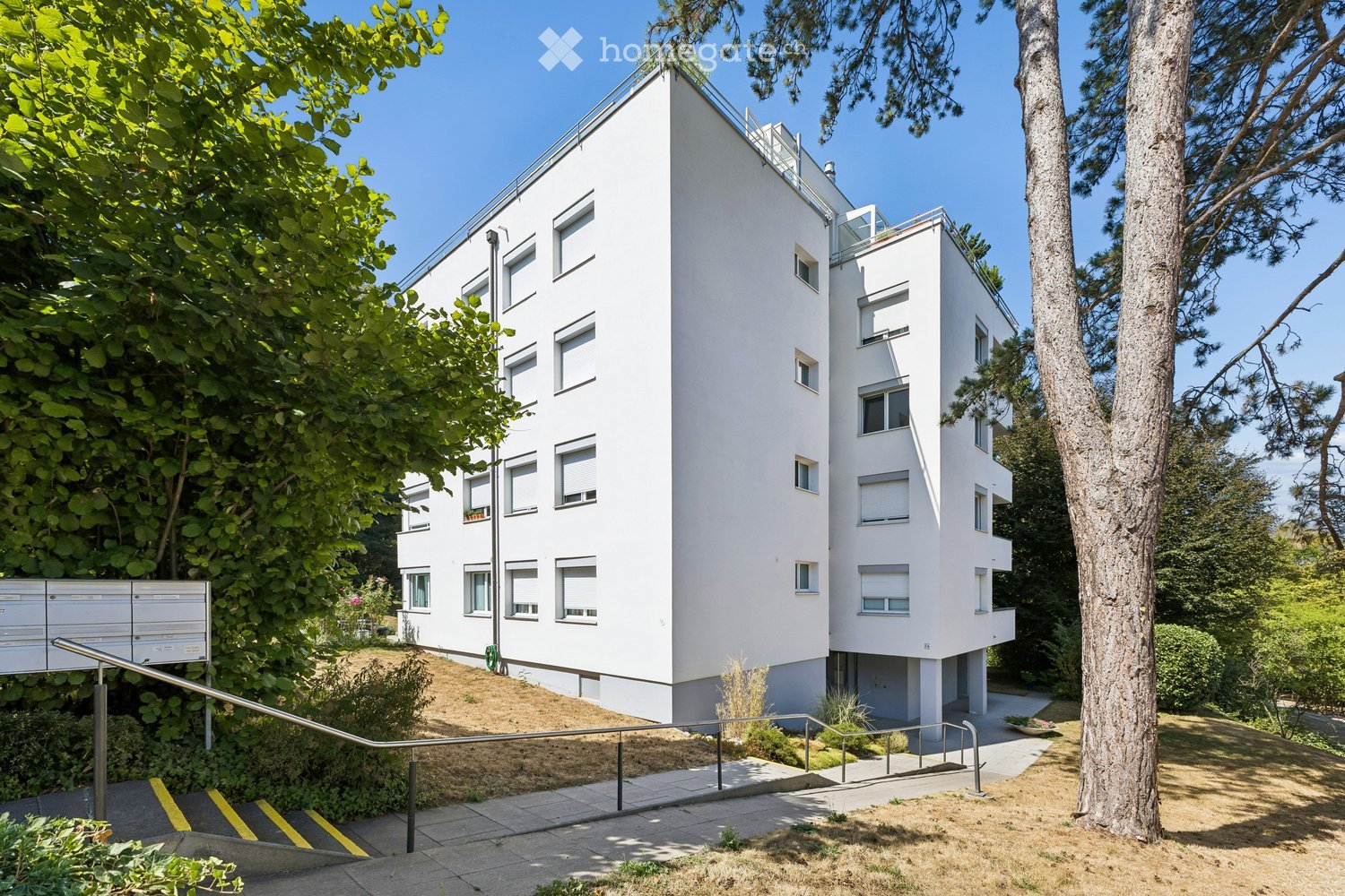 Modern white multi-story building with large windows and balconies, surrounded by greenery and trees.