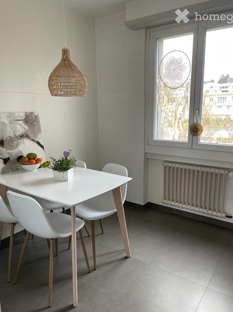 Modern dining area with a white dining table, four white chairs, a bowl of fruit, a small potted plant, and a hanging woven light fixture.