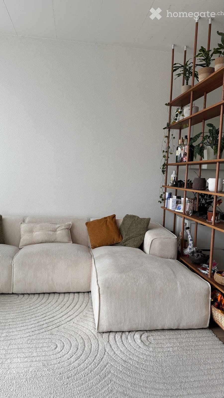 Modern living room with a white textured sofa, decorative pillows, a wooden shelf with plants and bottles, and a patterned white rug.