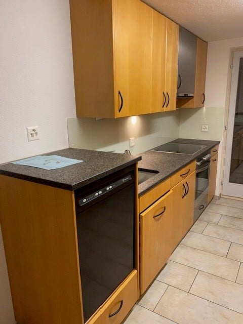 Modern kitchen with light wooden cabinets, granite countertop, built-in dishwasher, and oven. Features sleek design with integrated appliances and ample storage space.
