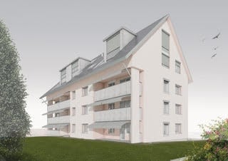 Modern multi-story apartment building with white facade, multiple balconies, and a flat roof. The building is surrounded by green lawn and trees.