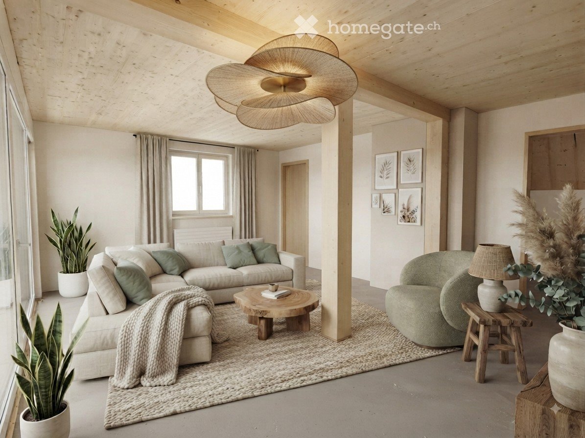 Modern living room with a large sectional sofa, wooden coffee table, armchairs, floor lamp, and decorative plants.