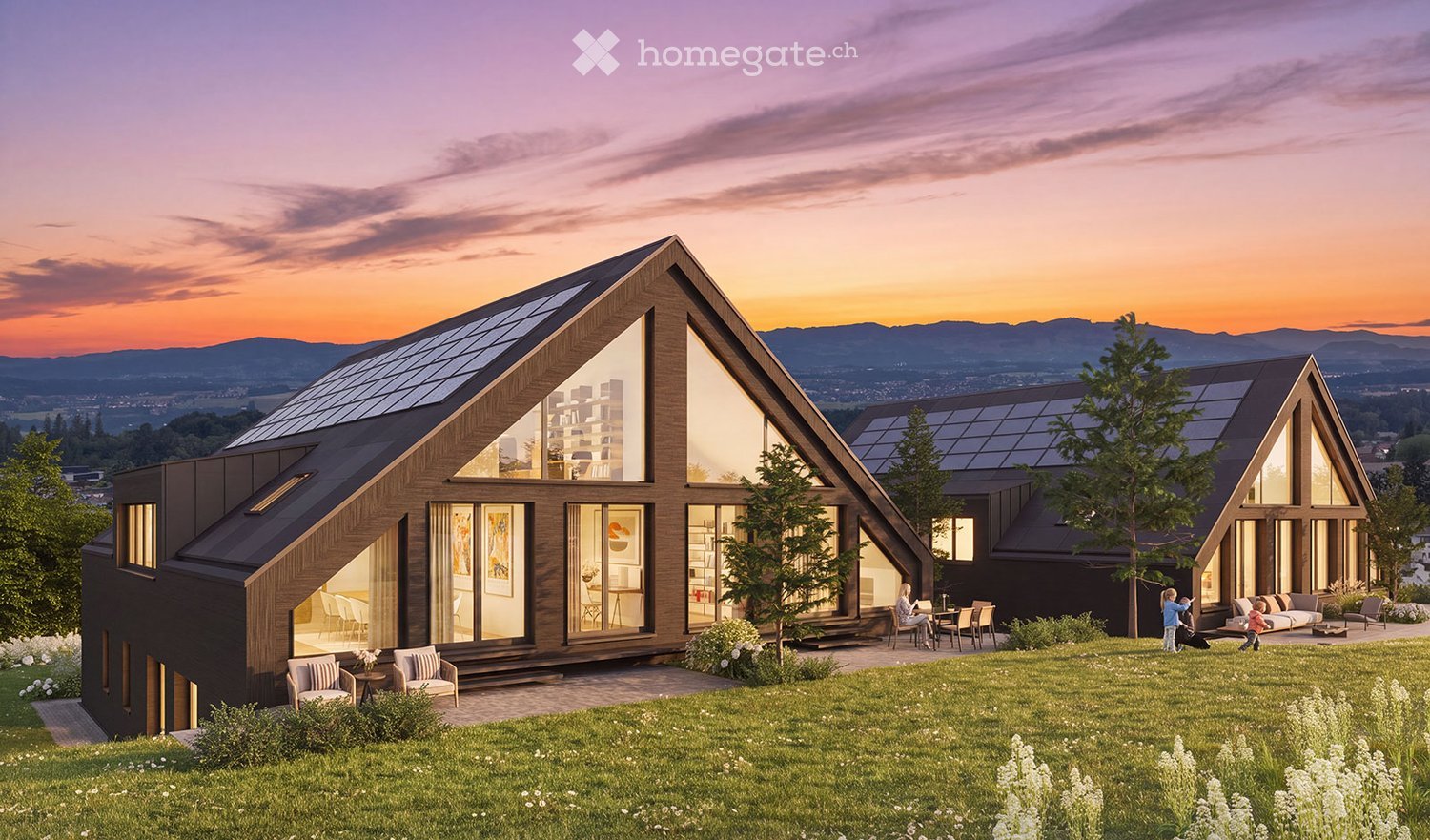 Modern two-story house with large windows, solar panels on the roof, surrounded by a well-maintained lawn and trees.