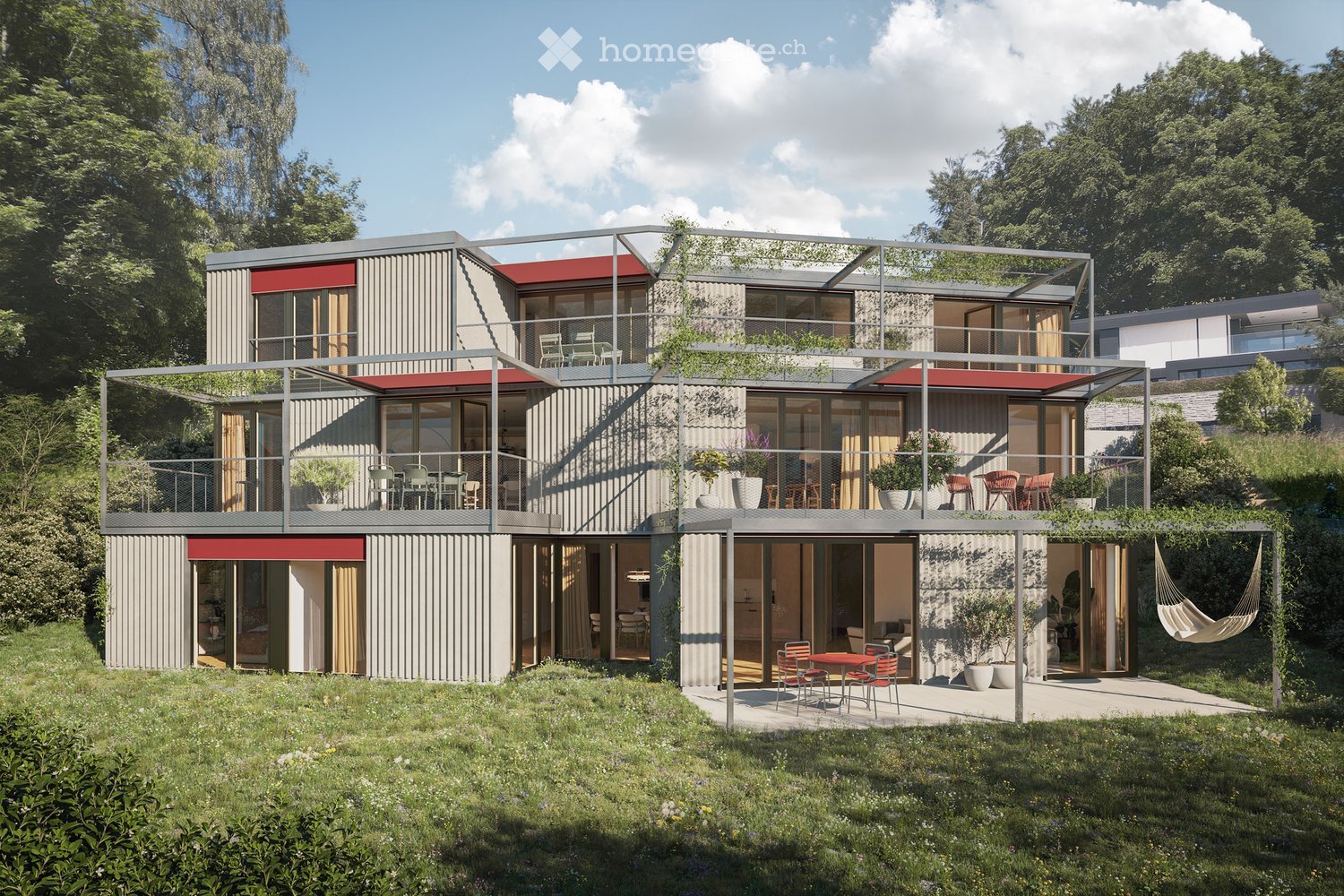 Modern two-story house with balconies, large windows, and outdoor seating areas.