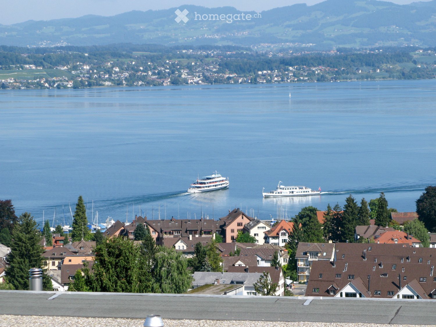 Scenic view of a town along a lake with houses, trees, and boats on the water.
