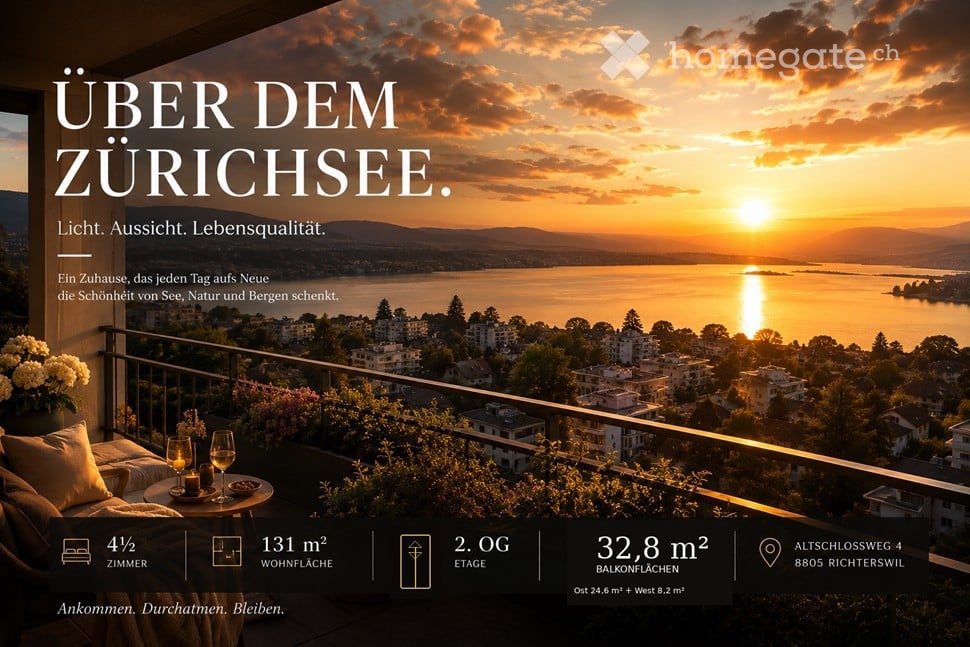 Balcony overlooking Lake Zurich at sunset, with a table, chairs, and flowers, offering a scenic view of the lake and surrounding cityscape.