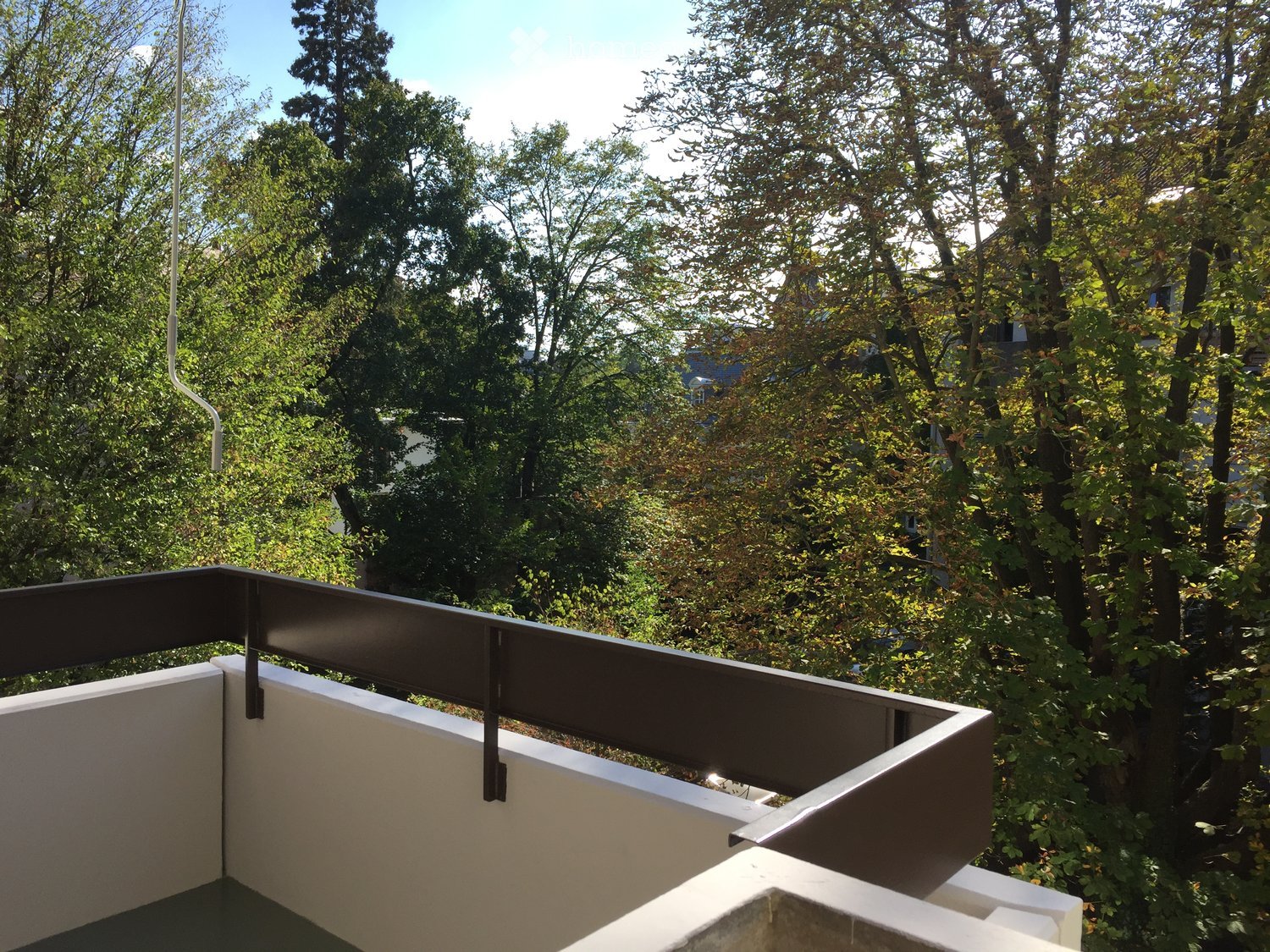 modern balcony with metal railings, trees in the background, clear sky