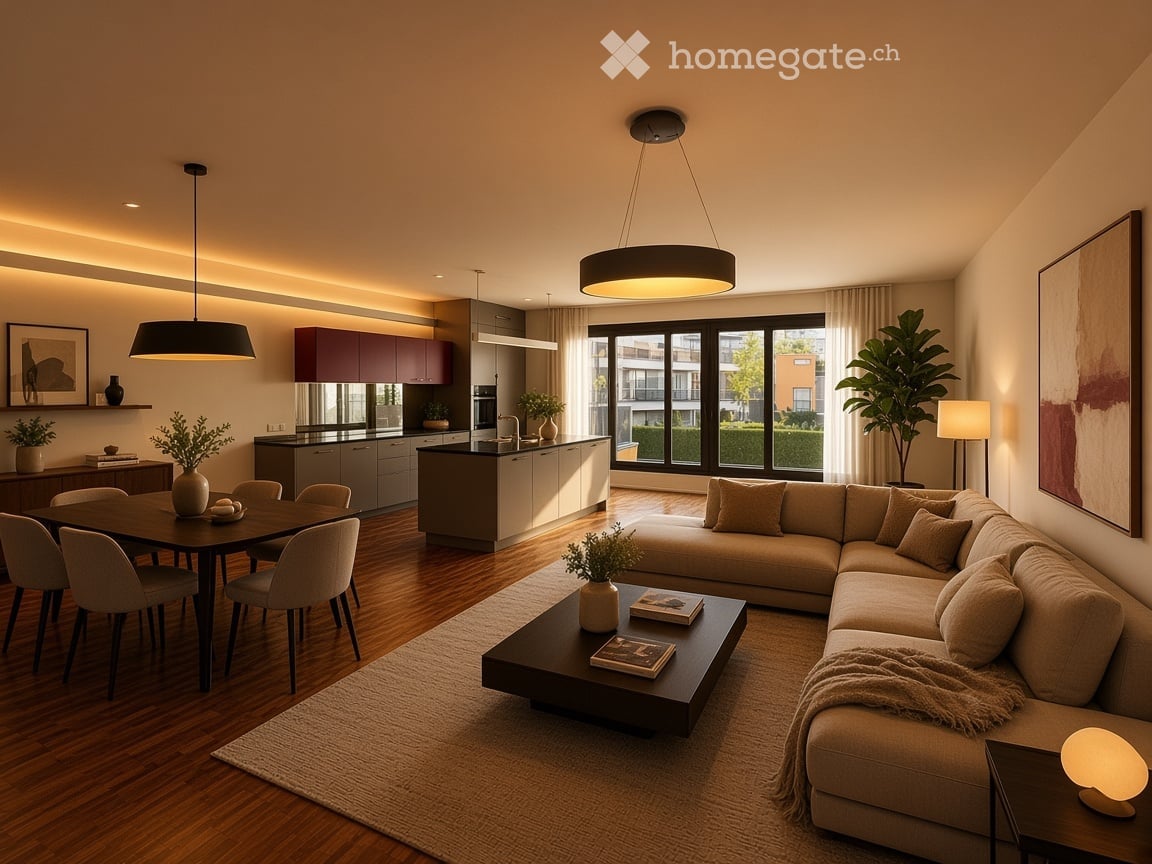 Open-concept living and dining area with modern furniture, pendant lights, large windows offering a view, and a sleek kitchen area.