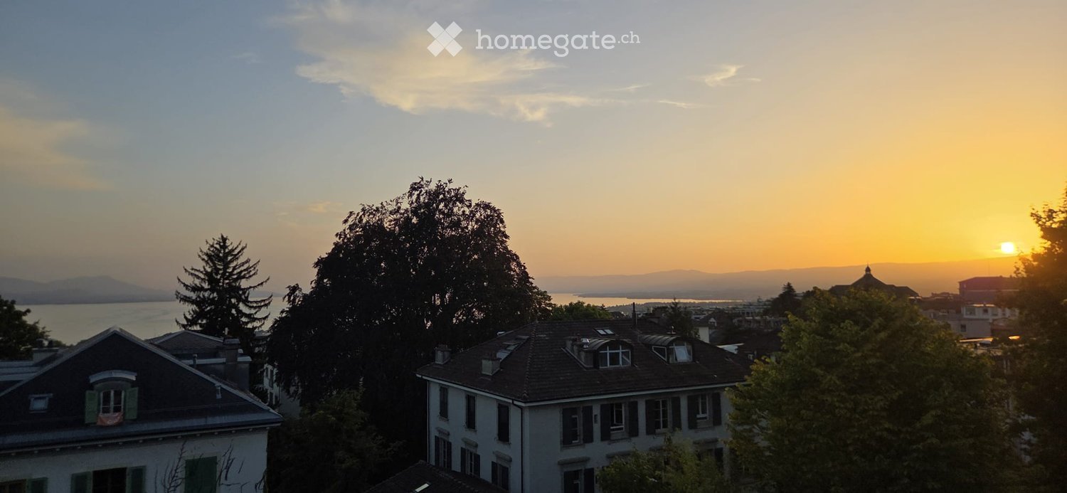 View of a residential area at sunset, featuring multiple houses with pitched roofs, trees, and a distant body of water.