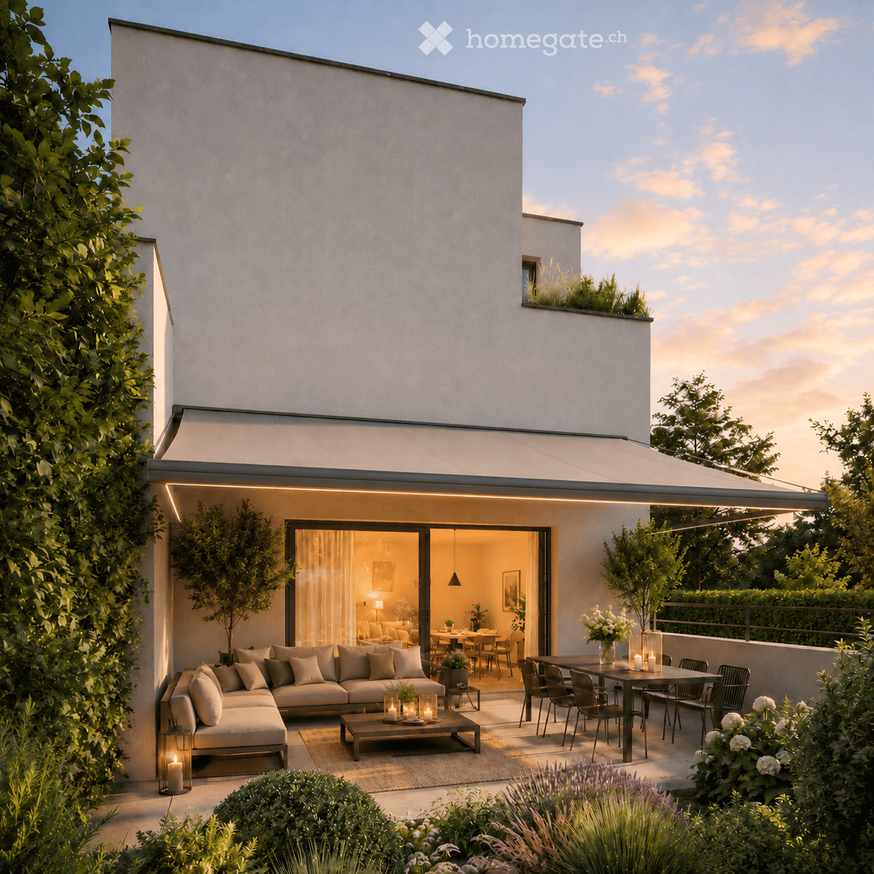 Modern outdoor patio with a sectional sofa, coffee table, dining area, and lush greenery.