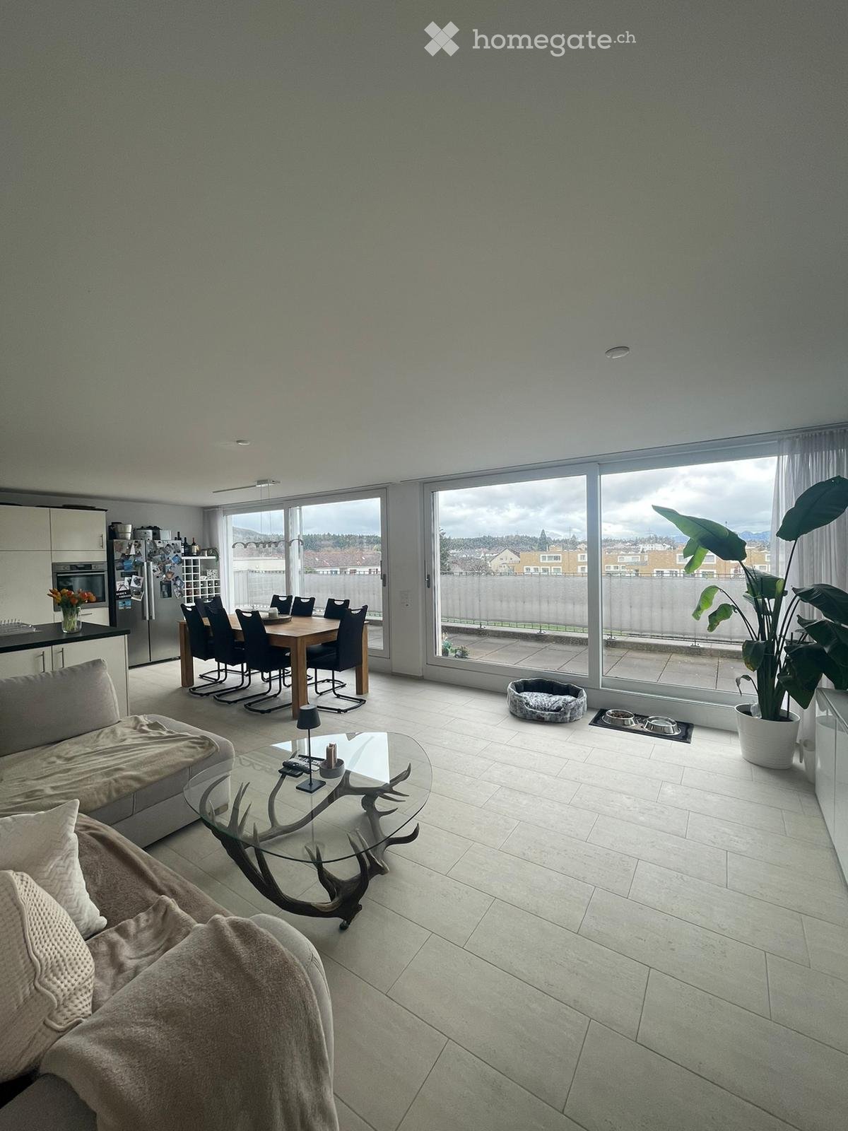Open-plan living and dining area with large windows, a sofa, coffee table, dining table with chairs, and a kitchen area with appliances.