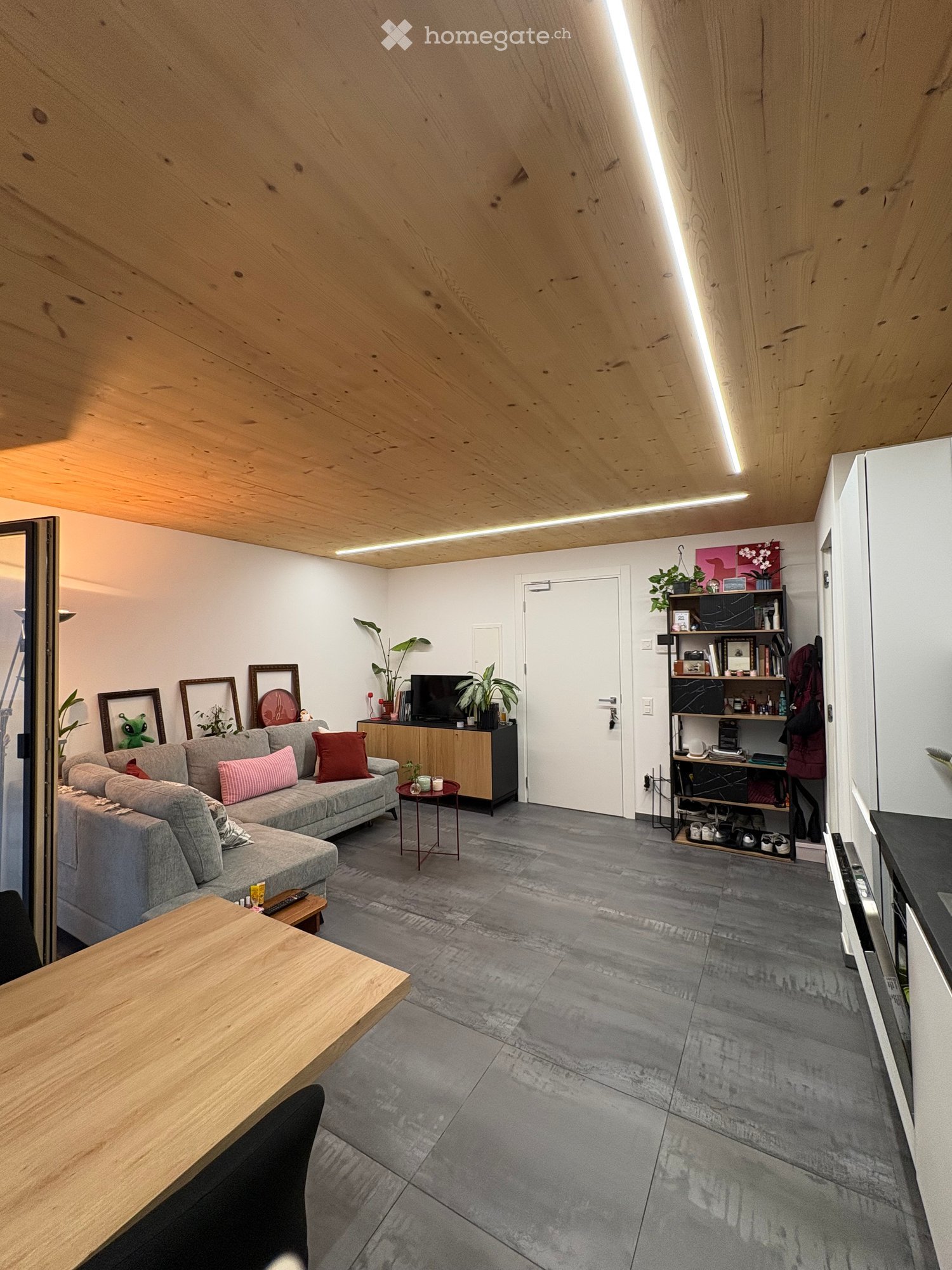 Modern living room with grey sectional sofa, wooden coffee table, small side table, TV stand, shelves, and plants.
