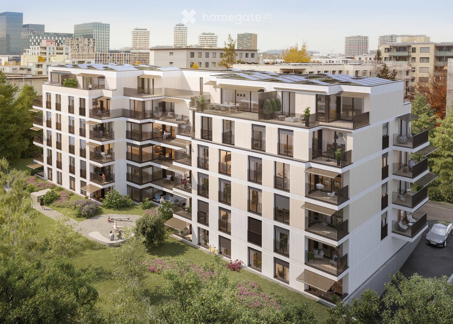 Modern multi-story residential building with balconies, large windows, and solar panels on the roof, surrounded by greenery and urban skyline.
