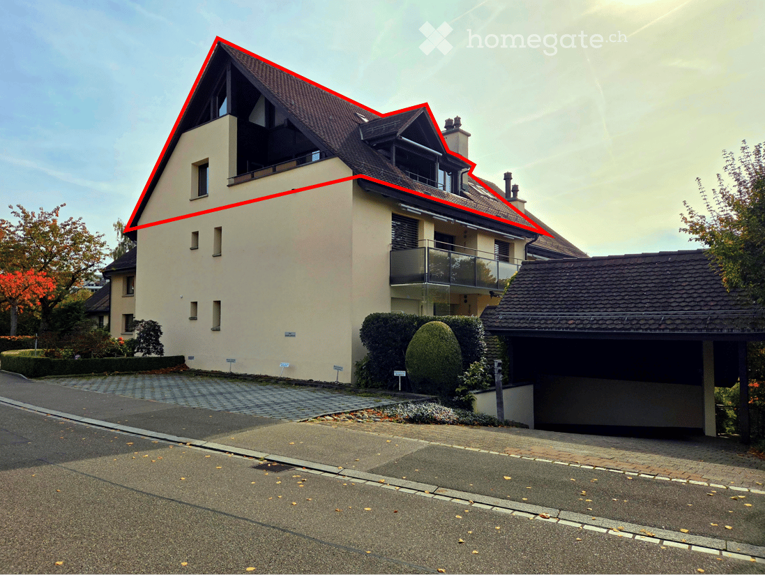 Two-story house with a beige facade, dark brown roof, multiple windows, and a garage on the right side.