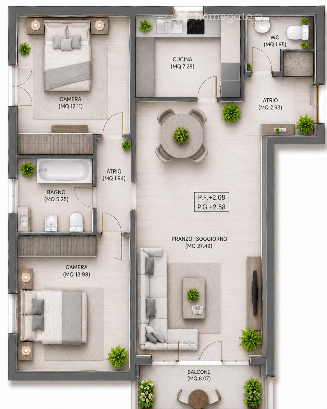 Layout includes two bedrooms, living-dining area, kitchen, two bathrooms, and a balcony.