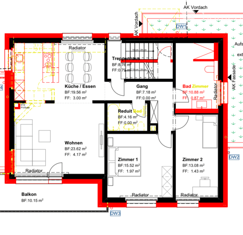 Floor plan of a 3-room apartment with a kitchen, living room, two bedrooms, bathroom, and balcony.