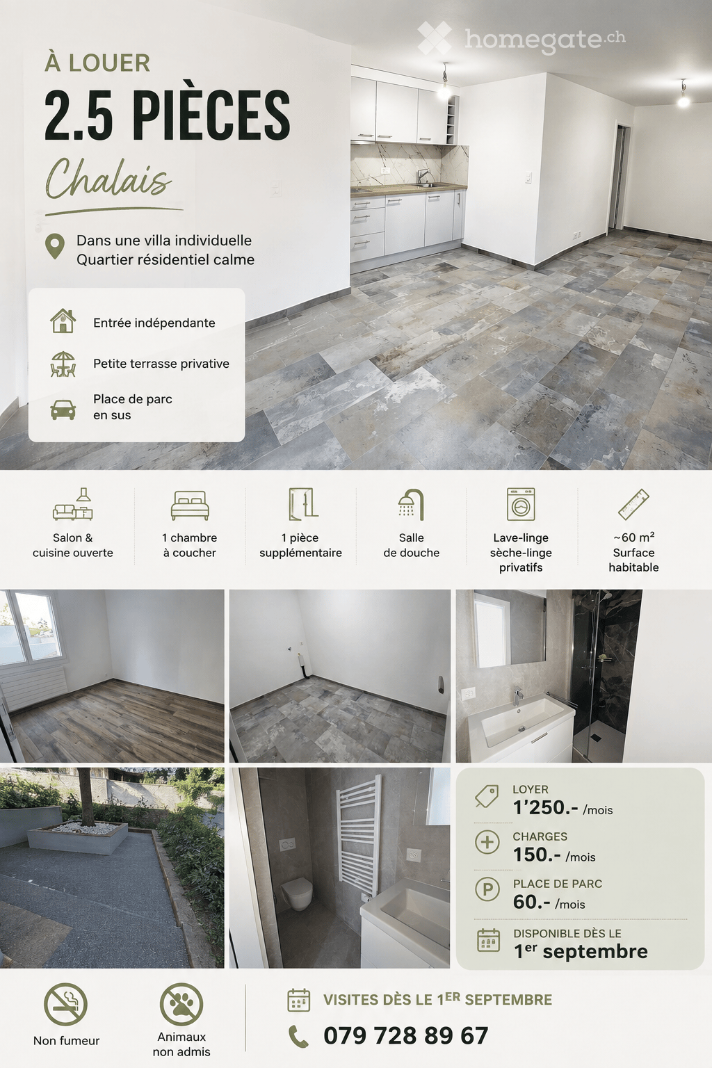 Empty rooms with tiled and wooden flooring, white walls, and basic structure. No furniture or equipment visible.