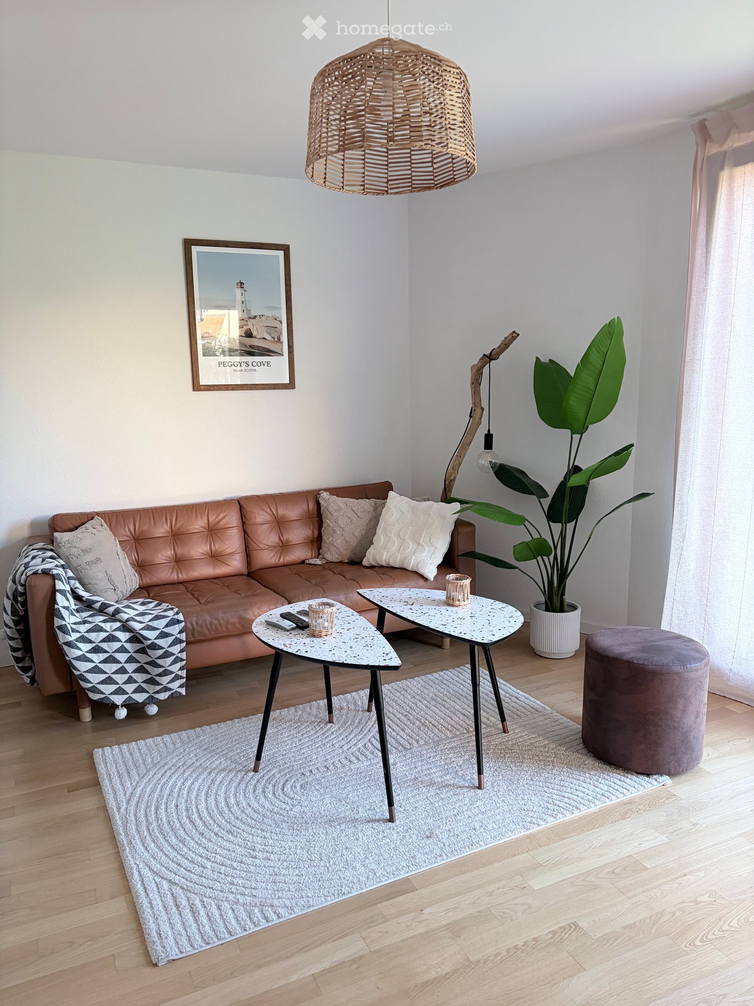 Modern living room with a brown leather sofa, a white coffee table, a grey rug, a large plant, and a hanging woven pendant light.