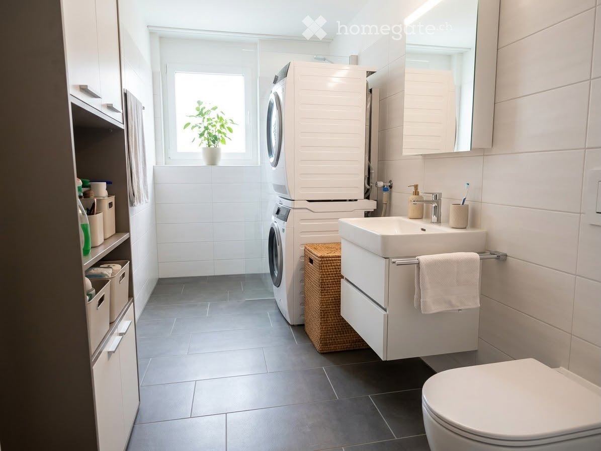 Modern bathroom with white tiles, a sink, toilet, washing machine, mirror, and a small plant on the windowsill.