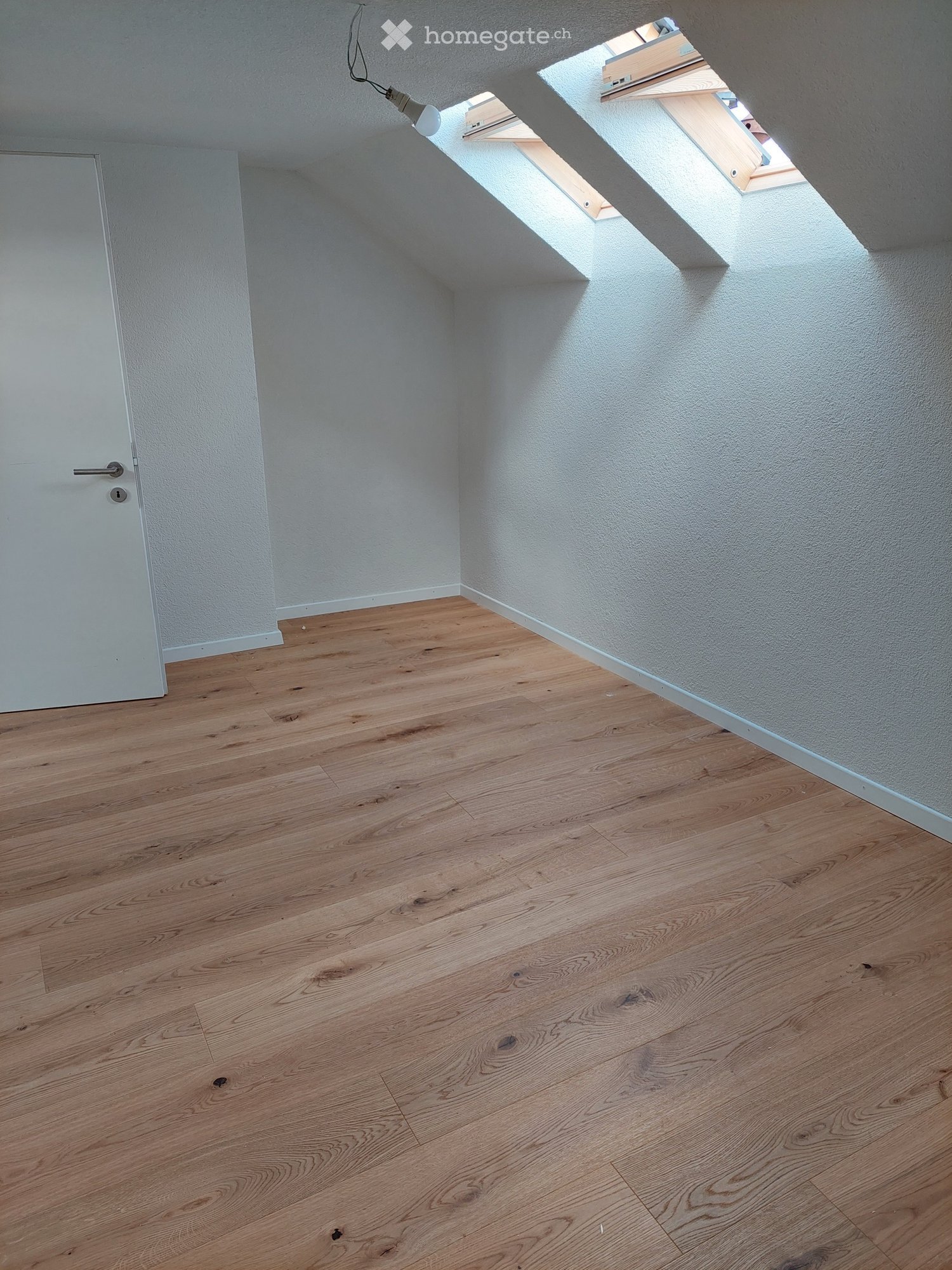 Empty attic room with wooden flooring, white walls, and a skylight window allowing natural light to enter.
