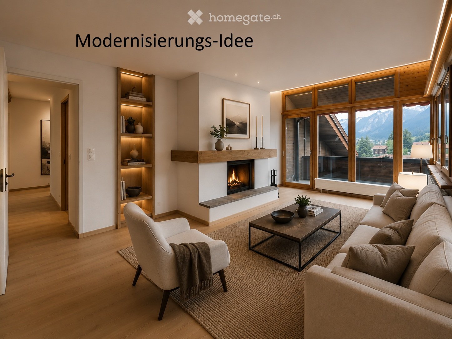 Modern living room with a fireplace, large windows offering a mountain view, a sofa, armchair, coffee table, and decorative shelves.