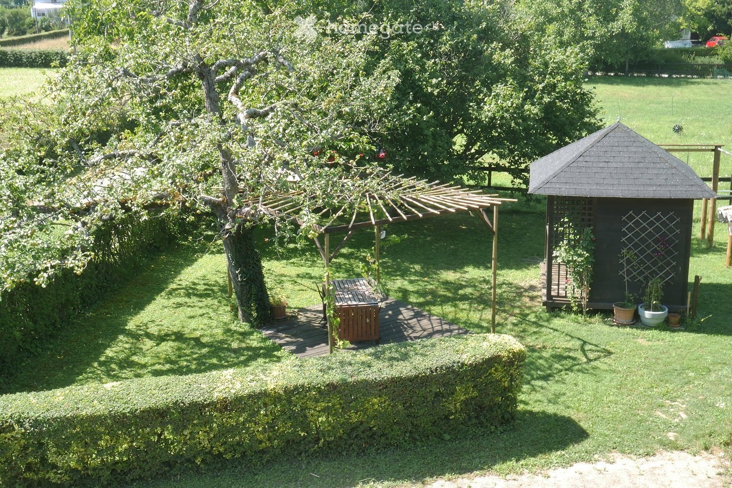 A well-maintained garden with a wooden pergola, a small wooden shed, a neatly trimmed hedge, and several potted plants.