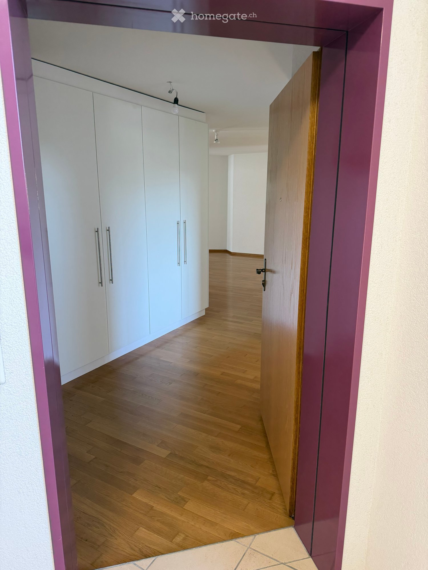 Empty hallway with wooden flooring, white cabinetry on one side, and a closed wooden door at the end.