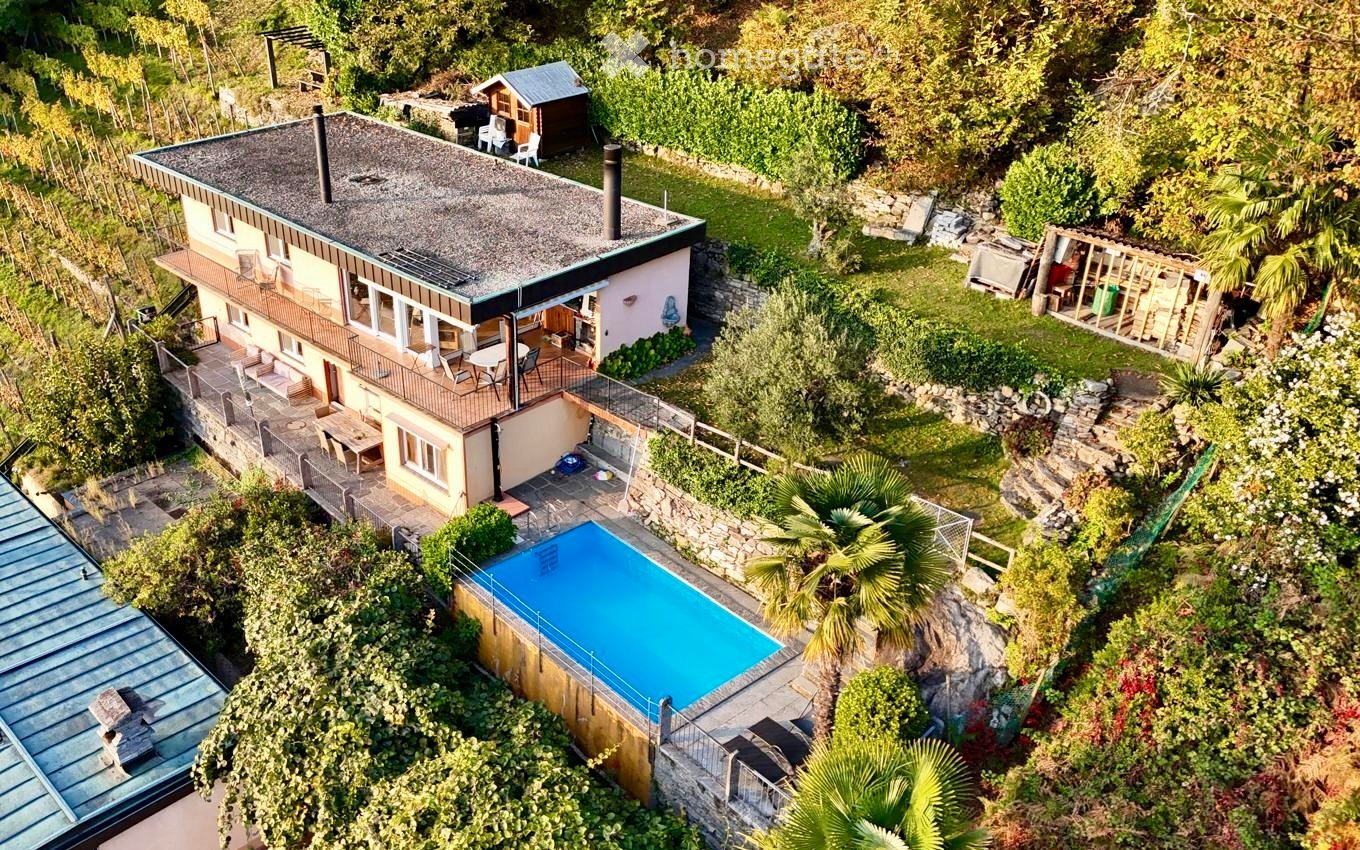 Aerial view of a modern house with a swimming pool, surrounded by lush greenery and outdoor seating areas.